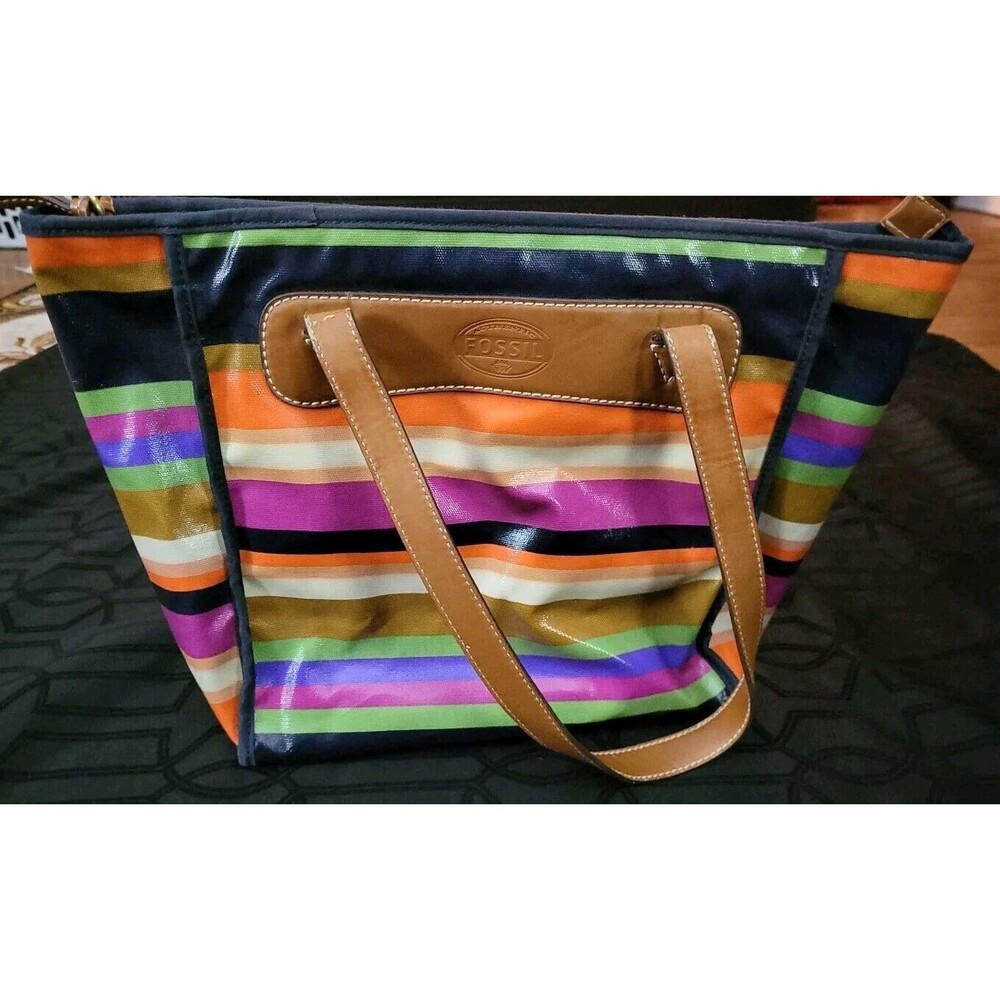 Fossil Women’s Colorful Rainbow Canvas Keyper Purse Striped Handbag Large 1825